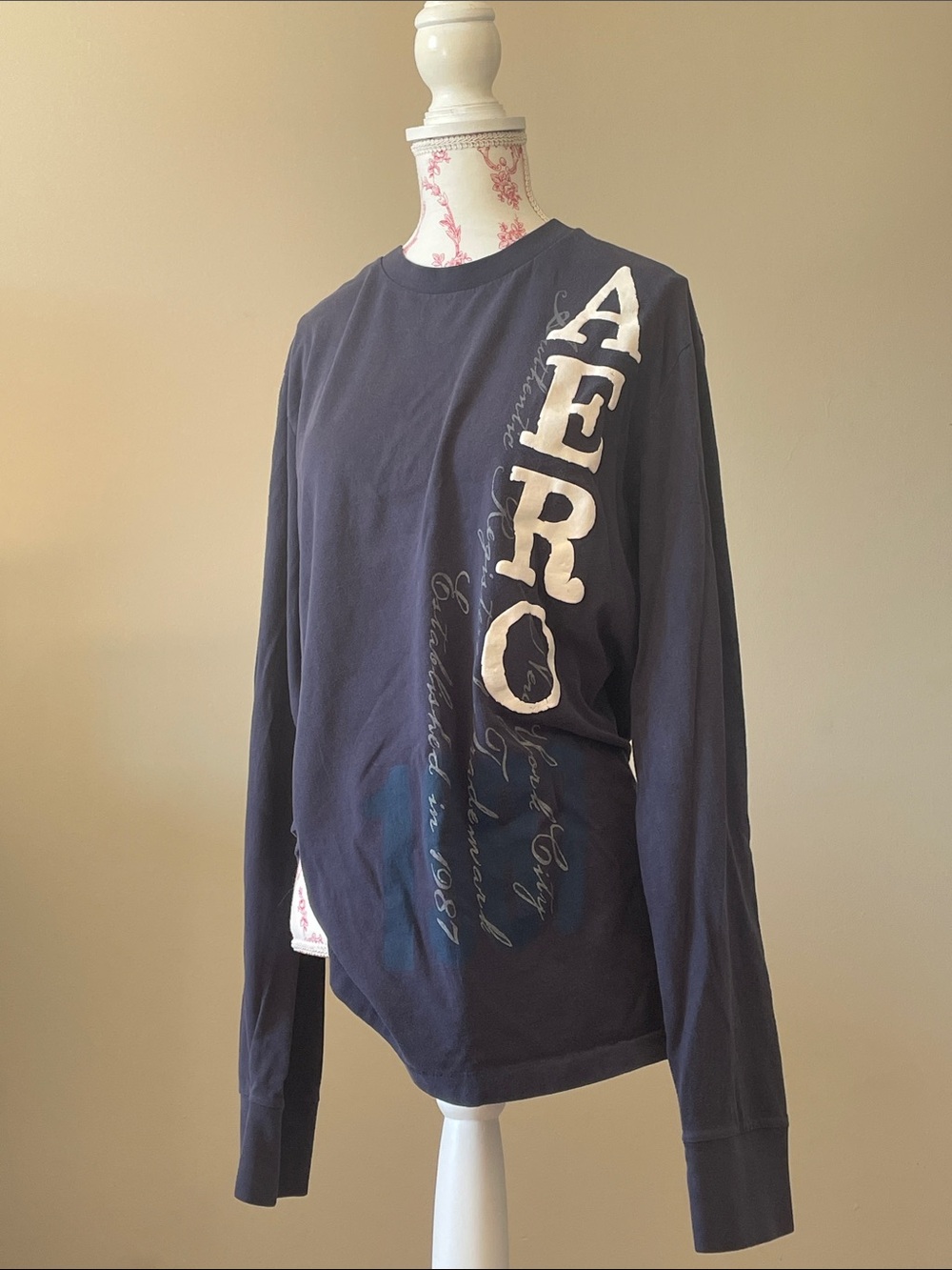 Aeropostale Men’s Navy Long-Sleeve Tee with Vertical White Logo